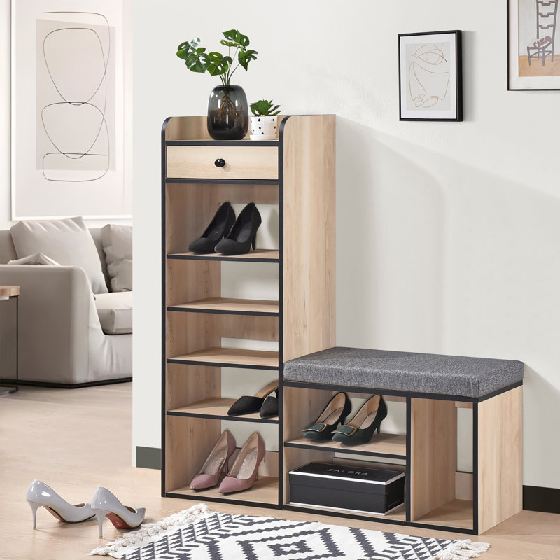 Banc de rangement pour chaussures d'entrée avec coussin, étagère ouverte et organisateur de tiroir, étagère à chaussures peu encombrante pour couloir, maison ou appartement