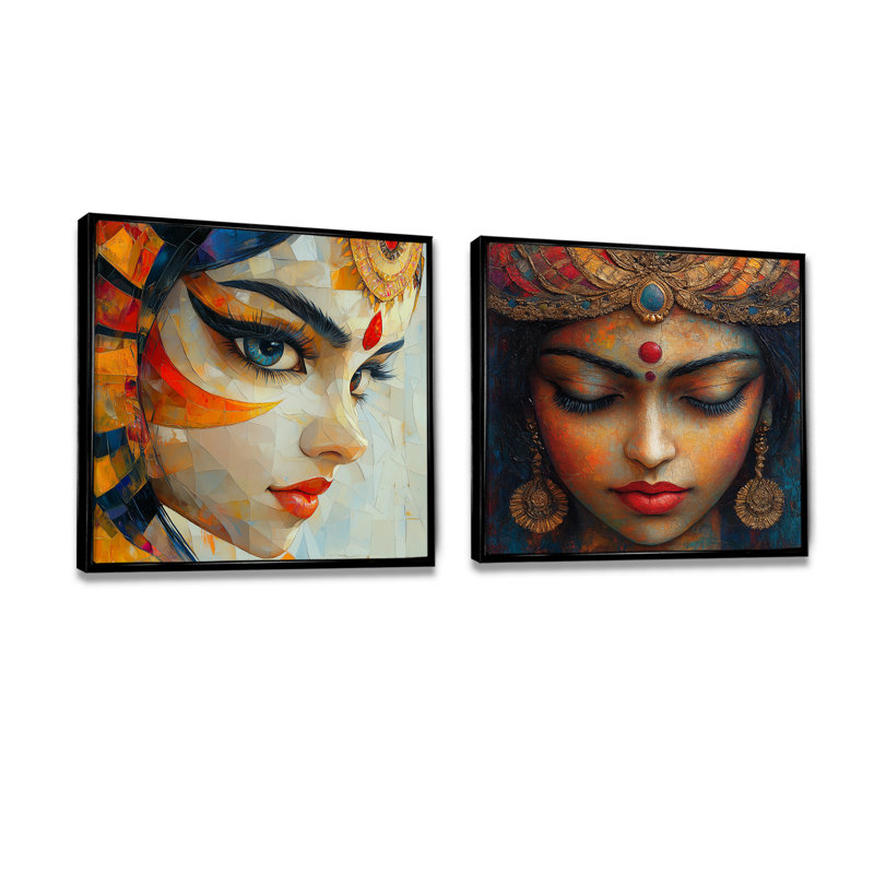 «Red Durga's Force Hindu Art I», art mural indien, ensemble de 2 décorations murales, Noir, H 36 po x l 73 po