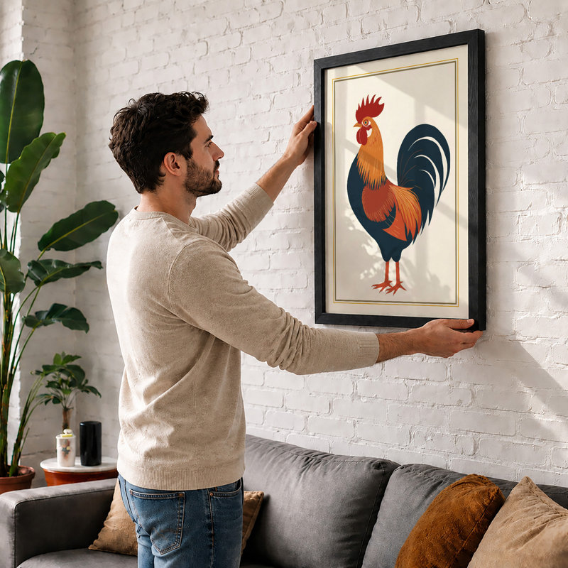 Proud Rooster Retro - Framed Print, Oak, A3 - 42.0 x 29.7 cm
