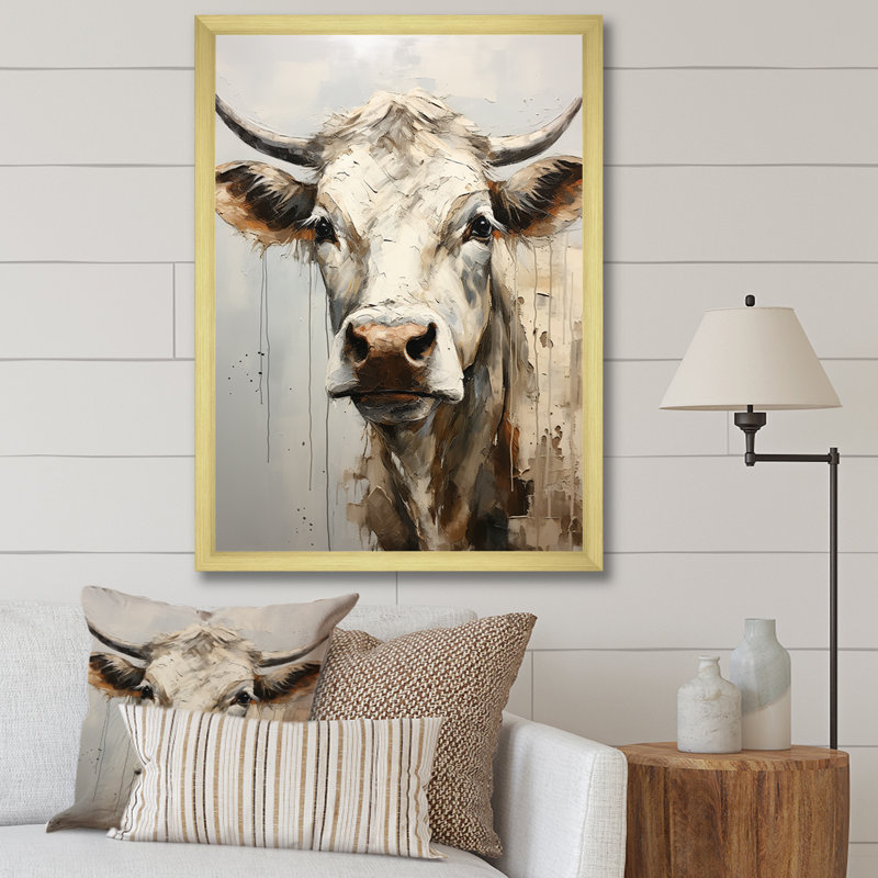 Minimalisme, portrait de vache beige I sur toile, H 20 po x l 12 po x P 1 po, Cadre doré simple