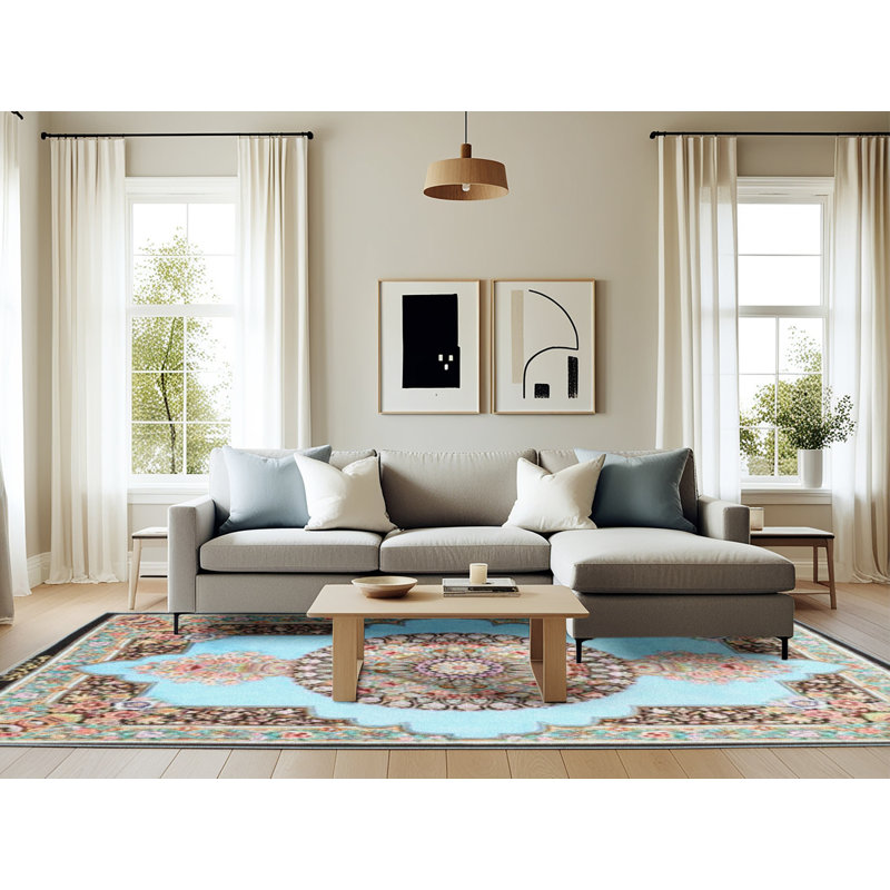 Tapis oriental bleu / noir / rose, Rectangle 6 pi x 9 pi