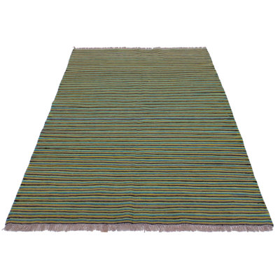 Tapis vert en laine fait à la main de conception unique kilim 4 pi x 5 pi 4 po Nakkashian