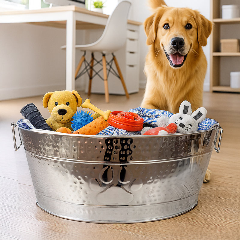 Bac à jouets pour chien en métal à mâcher, Patte argentée