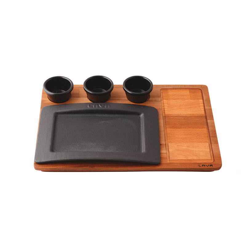 Plat de service rectangulaire en fonte émaillé 8 po x 11 po avec plateau de service en bois de hêtre Lava