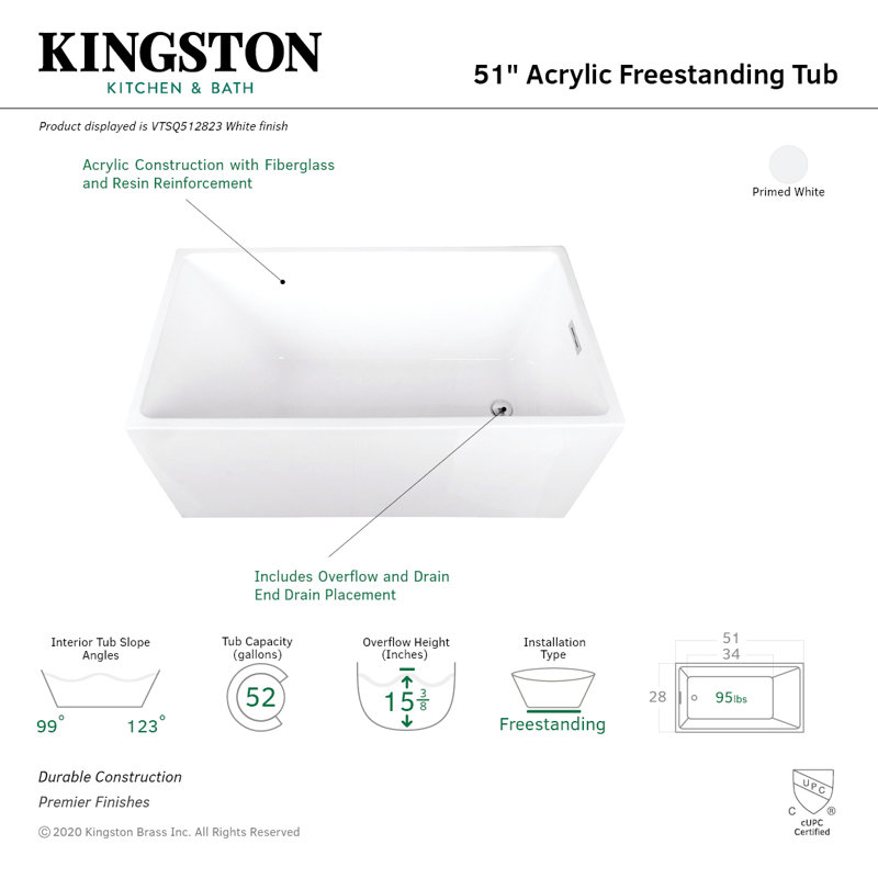Aqua Eden 51-Inch White Acrylic Freestanding Tub with Drain