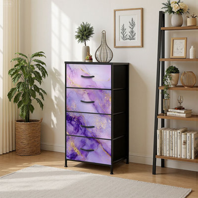 4 Drawer Vertical Storage Dresser Violet lavender liquid watercolor marble golden lines Pastel purple with Wood Top Fabric Pull Drawers
