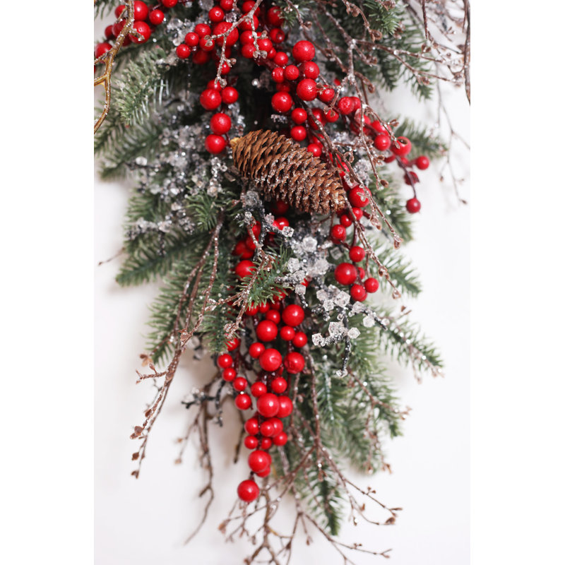 Waterproof Red Berry, Pinecone & Iced Twig Christmas Teardrop Front Door Holiday Swag