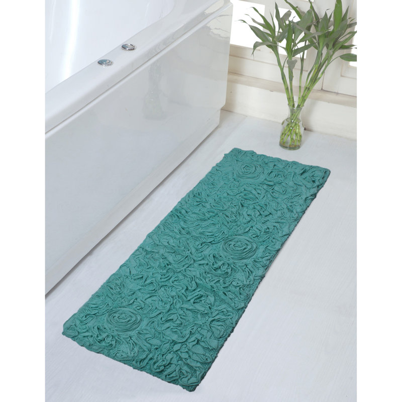 Schoenberger Floral Design Cotton Bath Rug, 54" L x 21" W, Turquoise