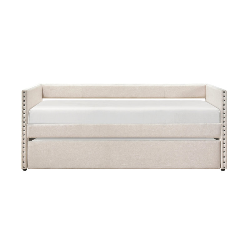 Modern Daybed Pull-Out Trundle Side Pockets Upholstery Nailhead Trim Bedroom Living Room Furniture 1Pc, Beige