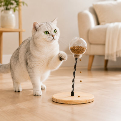 Wooden Interactive Treat Dispensing Cat Toy with Spring Motion Ball, Rotating Food Puzzle Toy for Indoor Cats