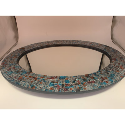 Zorigs Mirror Wall Art Décor – Handcrafted Decorative Wall Mirror, Silver, Sharpie Blue, and Tan Mosaic Mirror, 32” x 24” Oval Mirror for Hallway, Bedroom, Bathroom, Living Room