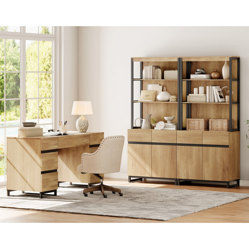 Home Office Furniture Set: 59In Modern Executive Desk With Charging Station & Drawers And 2 PCS 72In Tall Bookcases With Storage Cabinet, Home Office Furniture For Living Room, Bedroom, Oak