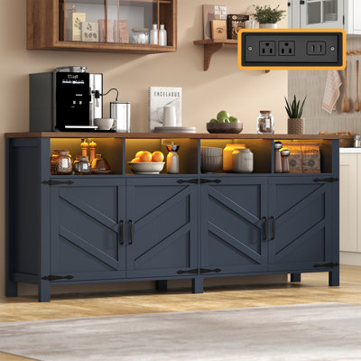 63" Smart Buffet Sideboard With Power Outlets & App-controlled Rgb Led Lights, Large Farmhouse Kitchen Storage Cabinet With 4 Doors & Open Shelves, Coffee Bar Cabinet Buffet For Dining Room, Entryway, Blue And Walnut
