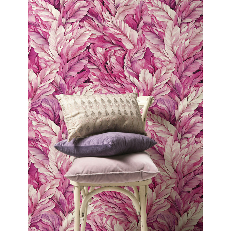 Papier peint à motif de plumes roses, élégant motif bohème chic, luxueux motif de feuilles florales