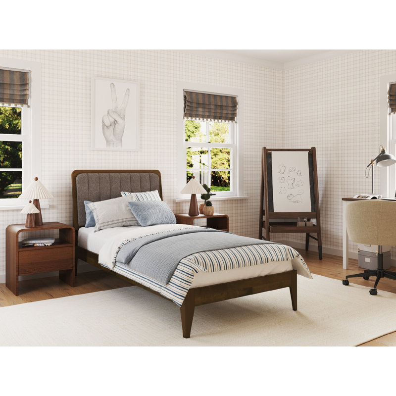 Bethelmie Solid Wood Upholstered Headboard Bed Frame, Walnut/Brown, Twin