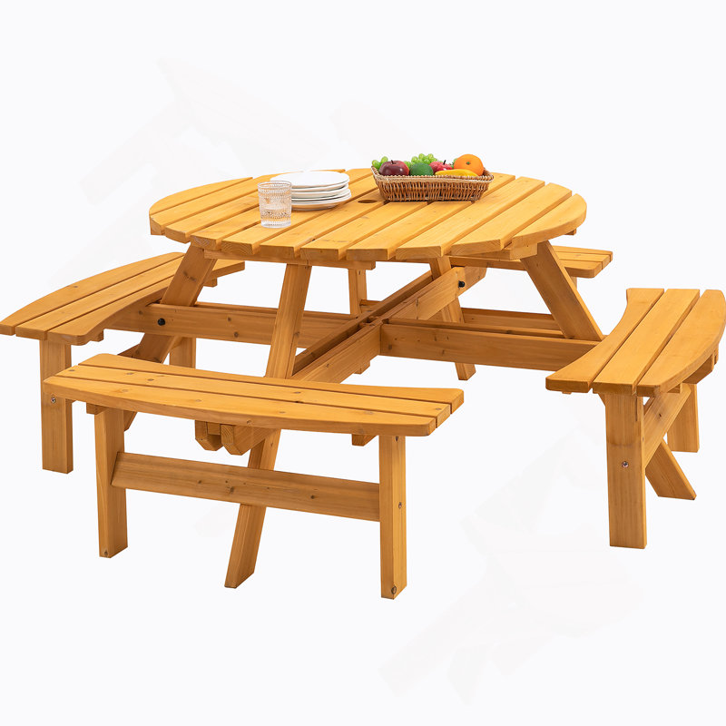 Table de pique-nique en bois pour 8 personnes, table de camping en plein air avec siège, bancs intégrés