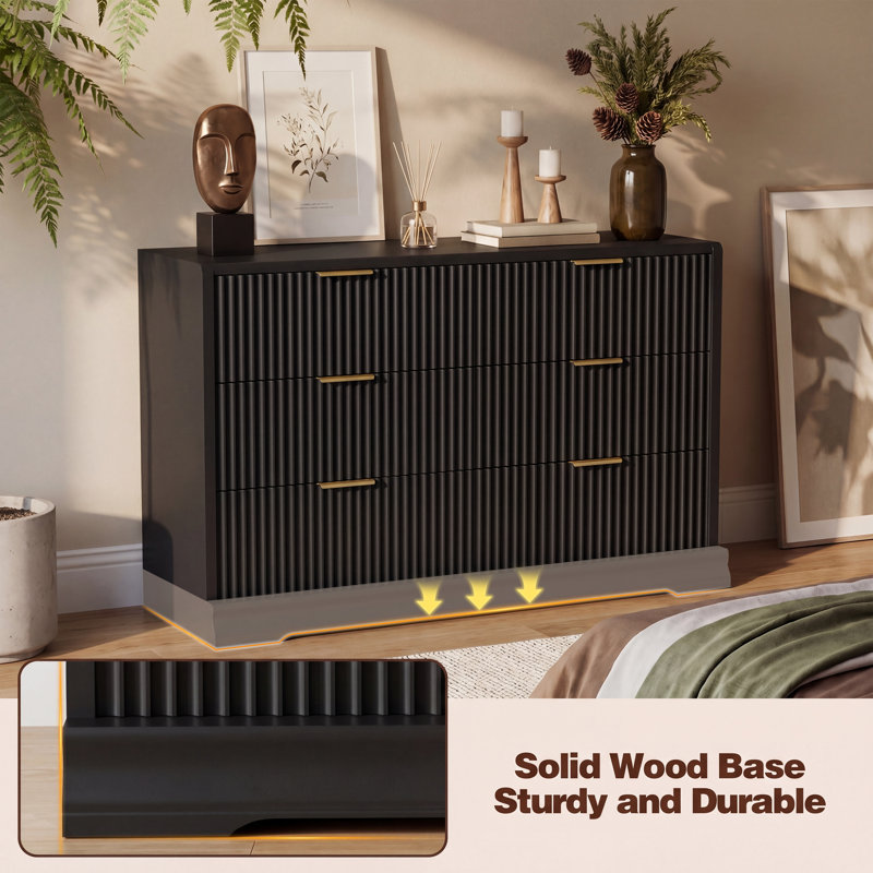Fluted 6-Drawer Dresser with Solid Wood Base, Black