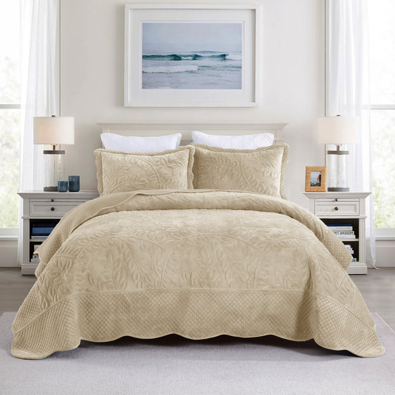 Marcielo Oversized Embroidered Velvet Quilt Set With 2 Pillow Shams, Beige, Queen Quilt + 2 Standard Shams