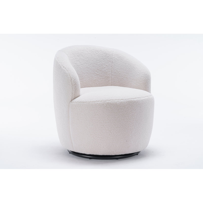 Swivel Accent Armchair Barrel Chair With Powder Coating Metal Ring, Ivory Polyester Blend