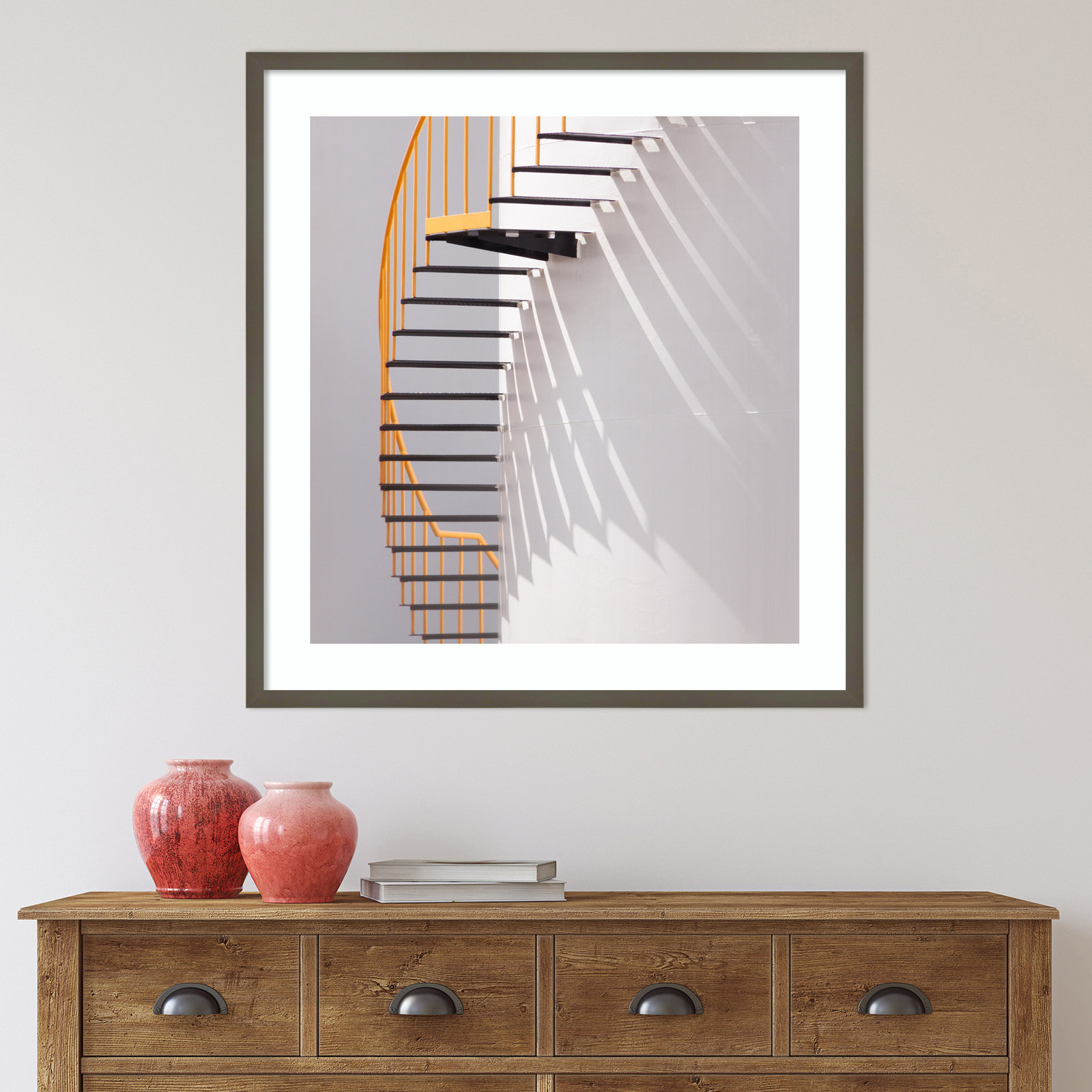 Yellow Staircase by Jacqueline Hammer, Gray Framed, 33" H x 31" W