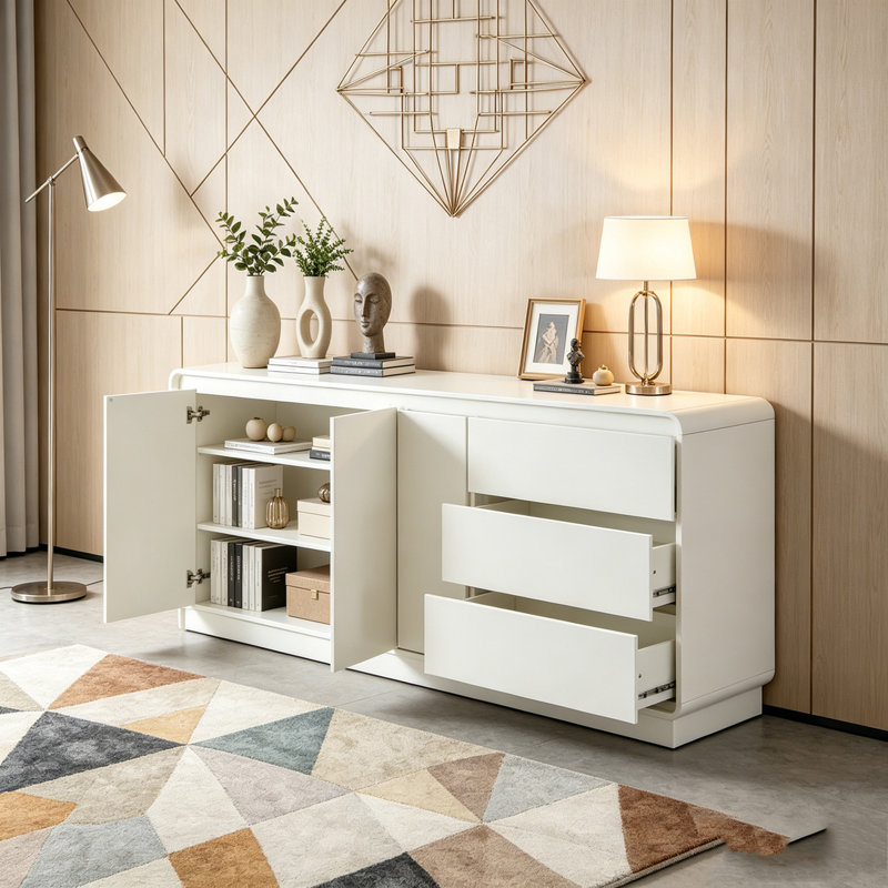 Armoire de rangement de 55,1 po de largeur avec 2 portes et 3 tiroirs, White