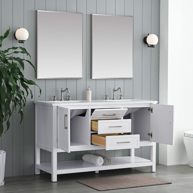 Vicini 54" Double Bathroom Vanity Set, White/Brushed Nickel