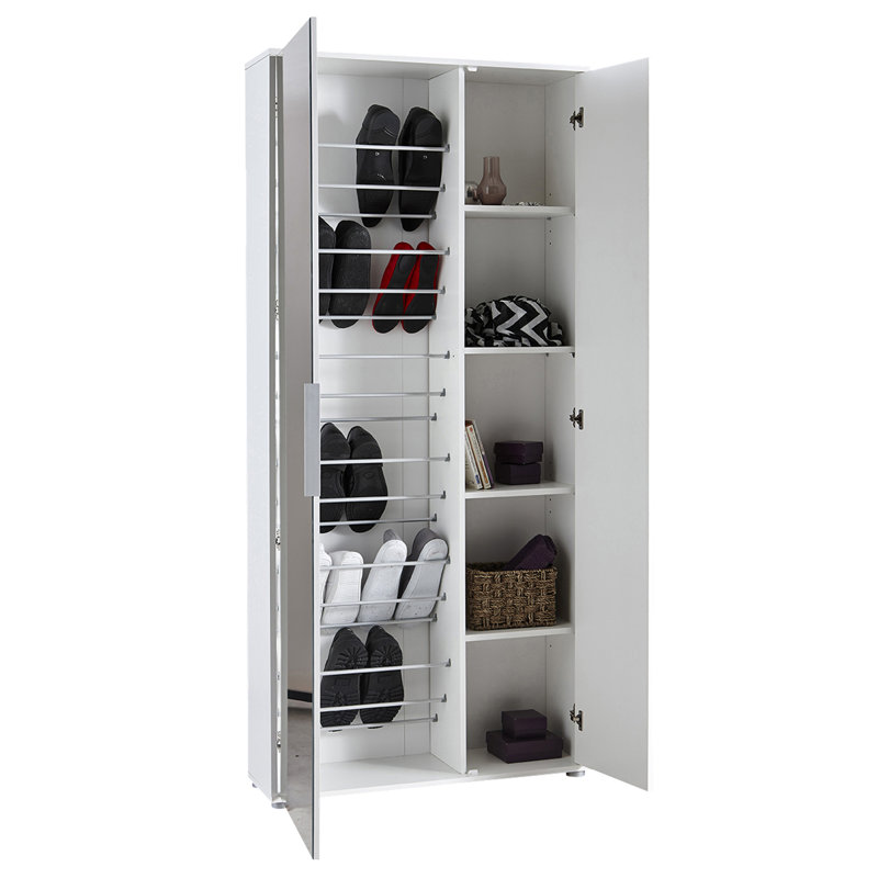 Carolinda 2 Door Large Tall Freestanding Mirrored Shoe Storage Cabinet, Matt White