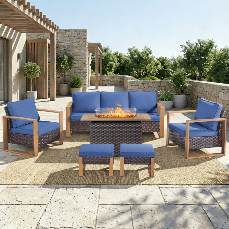 Ensemble de foyer d'extérieur moderne en rotin 6 pièces avec canapé, fauteuils et repose-pieds, Bleu, Brun