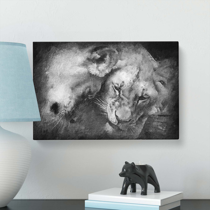 Two Snuggling Lions - Wrapped Canvas, 40cm H x 60cm W x 3cm D