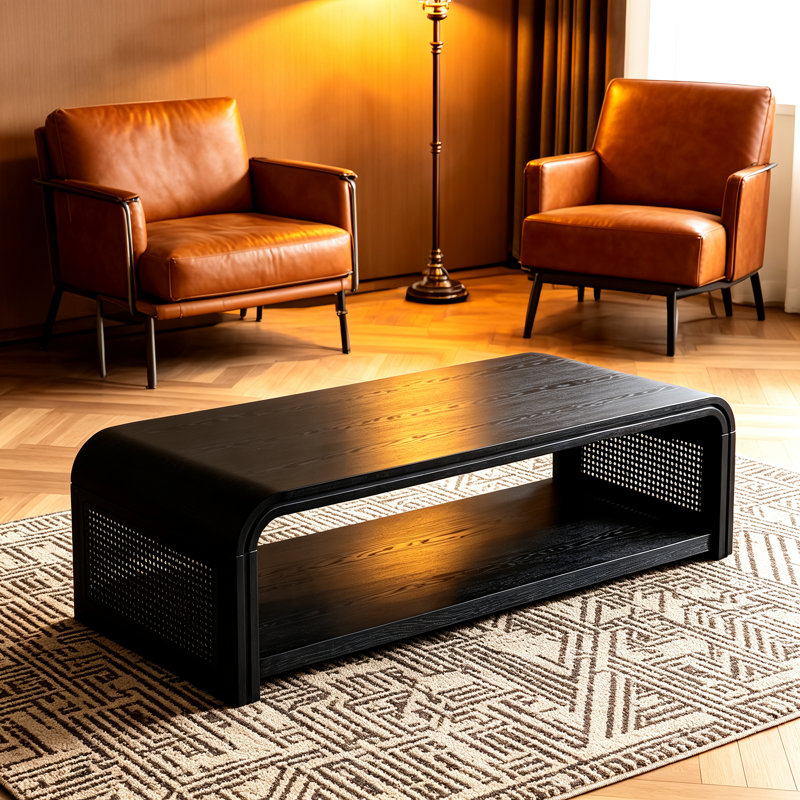 Table basse rectangulaire incurvée avec côtés en rotin, Noir