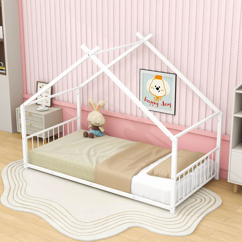 Charming House-Inspired Metal House Bed With Slats, Twin, White