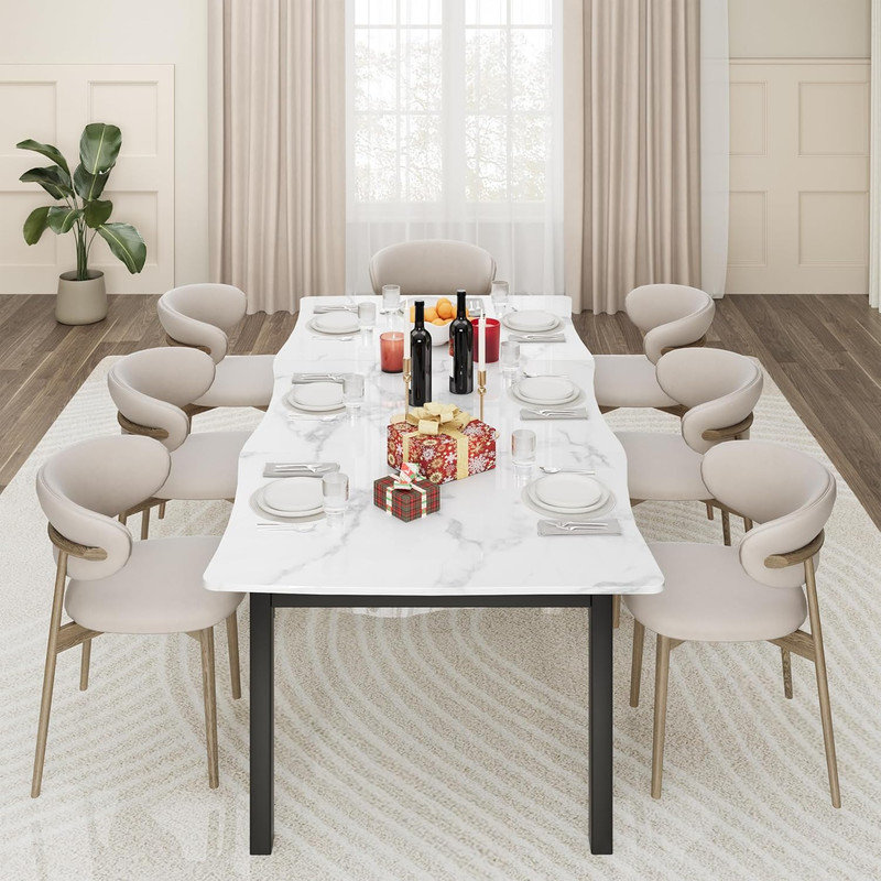 Rustic Wave Edge Dining Table for 6-8, Thick MDF Top with Metal Frame, Waterproof, Marble, 29.5" H x 78.7" L x 35.4" W, Gray