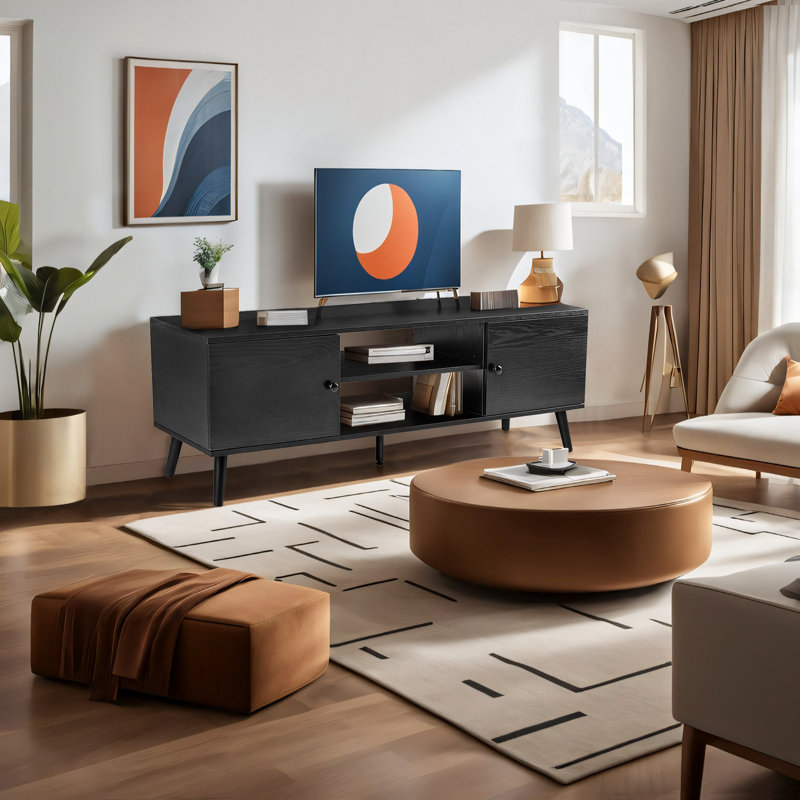 Barranco TV Stand Up to 60 Inch, Mid Century Modern Entertainment Center with Storage for Living Room, Black