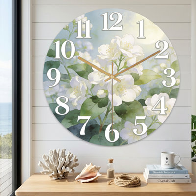 Landscape & Nature White Flowers Green Leaves Soft Background Clock Design Ultra Clear Glass Wall