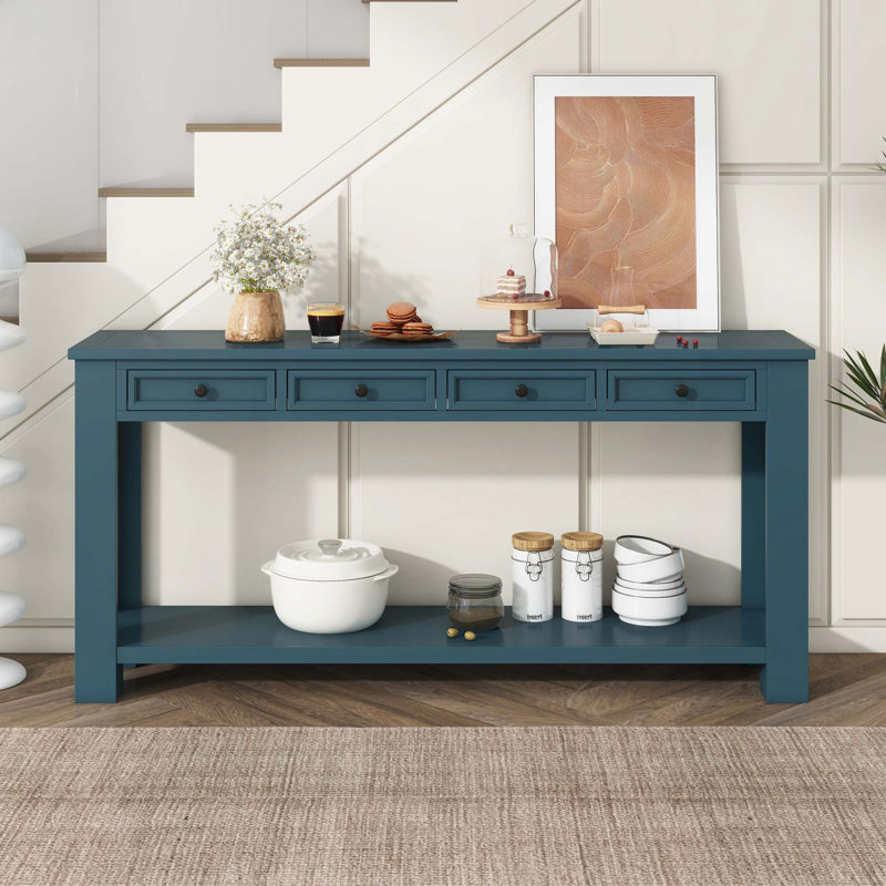 Console en bois avec tiroirs, tablette inférieure, Bleu très foncé