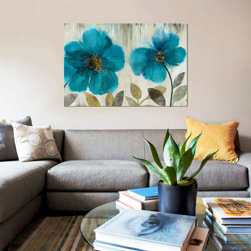 «Teal Flowers», reproduction sur toile, H 12 po x l 18 po x P 1,5 po, Pas de tapis, Toile tendue