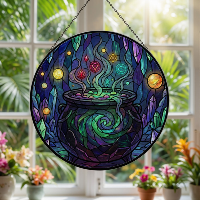 12"H Magic Cauldron Stained Glass Window Panel