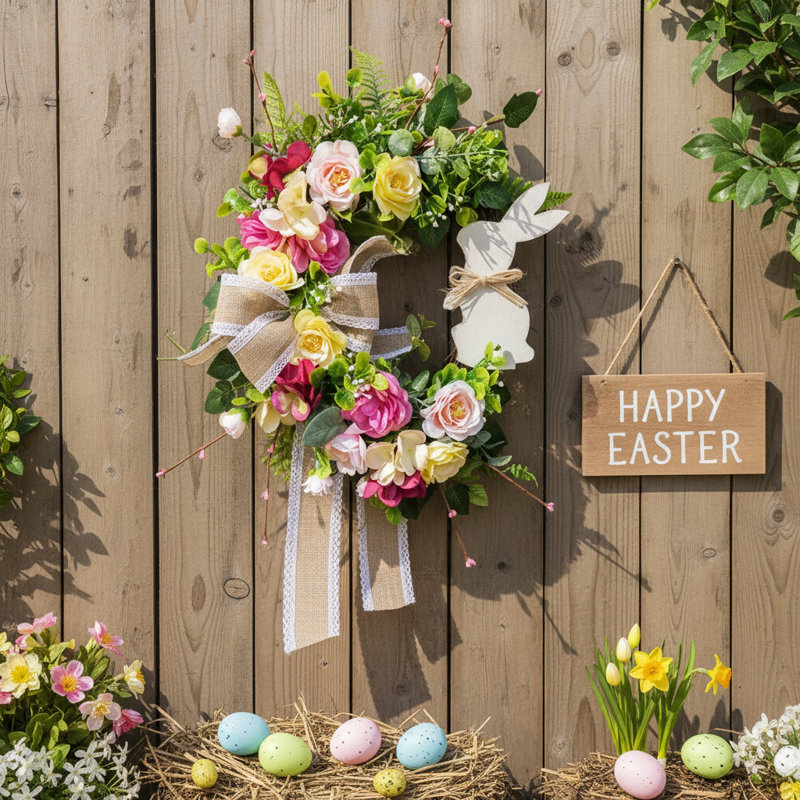Couronne de lapin 15,7 po, décoration de porte de lapin de printemps, décoration de porte de lapin de Pâques, fenêtre, décoration murale, guirlande de fêtes