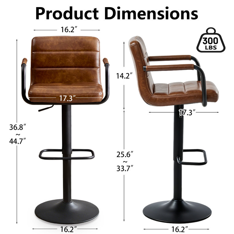 Faux Leather Adjustable Swivel Bar Stools with High Back (Set of 2), Yellowish Brown