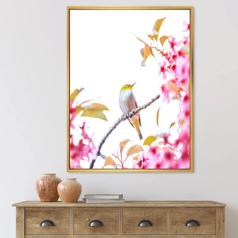 Oiseau sur une fleur de cerisier - Photographie sur toile, Encadrement doré, H 32 po x l 24 po x P 1 po