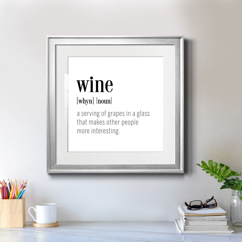 "Wine", art textuel, H 17,5 po x l 17,5 po x P 1,5 po, Cadre argenté