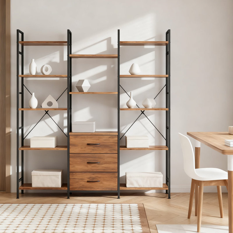 Industrial 5-Tier Bookshelf With 3 Fabric Drawers And 10 Display Shelves, Heavy-Duty Bookcase For Home Office Storage And Organization