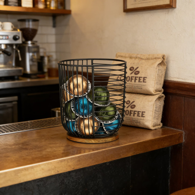 Support et organisateur de dosettes de café avec base en bois - Panier en fil mince de grande capacité pour tasses Keurig K et capsules espresso - Rangement pour comptoir de cuisine moderne