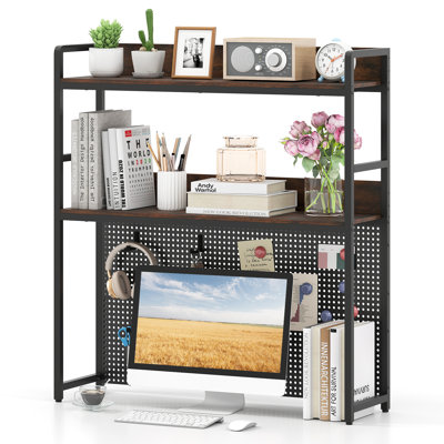 2-Tier Countertop Desktop Bookshelf w/ Metal Pegboard 2 Anti-tipping Devices
