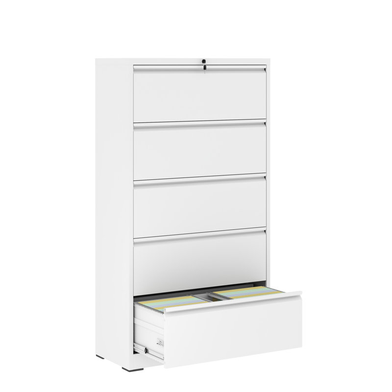 Classeur latéral verrouillable à 5 tiroirs, l 35,5 po, blanc, Blanc