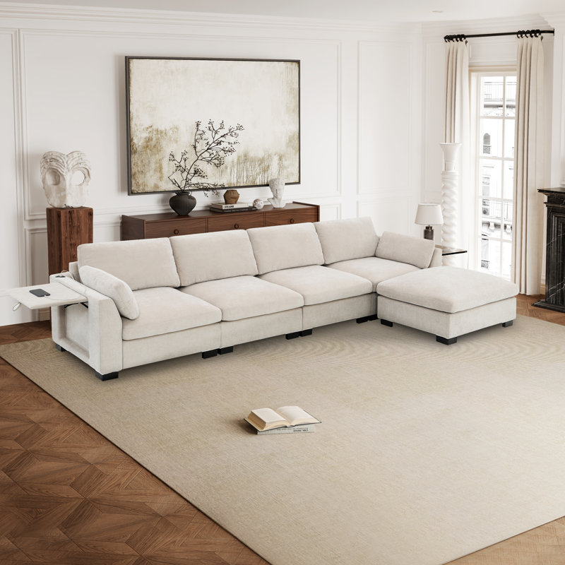 Chenille Modular Sectional Sofa With Ottoman, Armrest Folding Table & Usb Ports, Side Storage Pocket, Beige Chenille