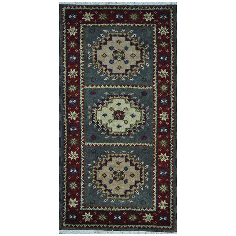 Tapis unique en laine noué à la main rouge / bleu de 2 pi x 4 pi