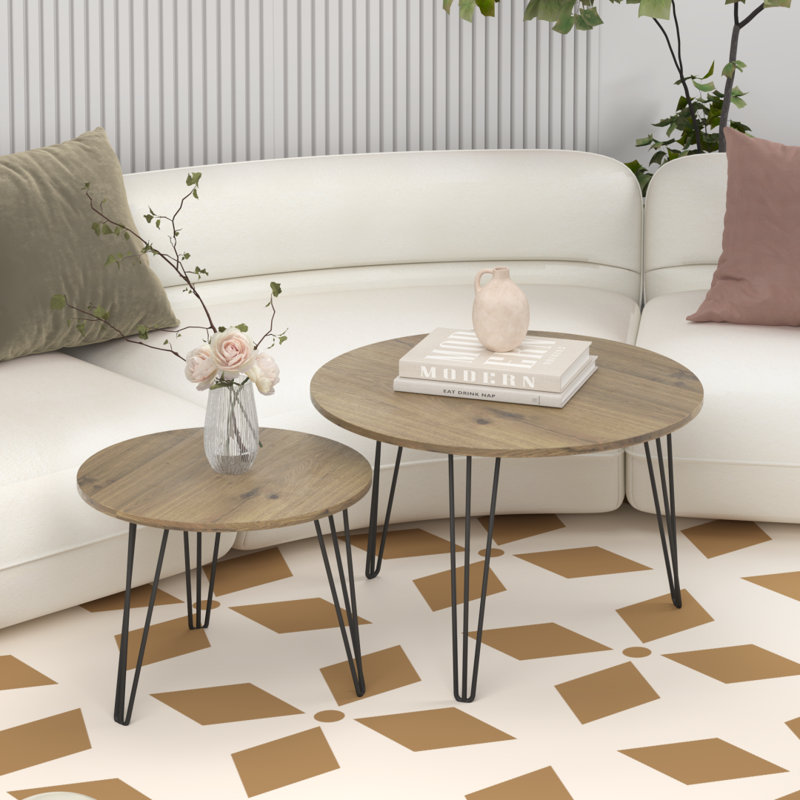 Ensemble de 2 tables basses gigognes rondes de 70 cm (27,56 po), plateaux en imitation marbre et structure en métal, brun, pour salon et chambre.