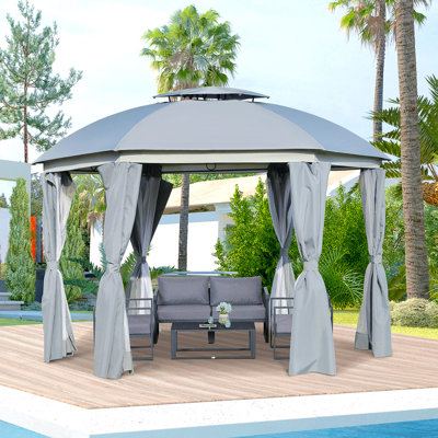 Pavillon de jardin 12 'X avec double toit, structure en acier, gris, parois latérales et rideaux en filet pour le divertissement extérieur de la cour