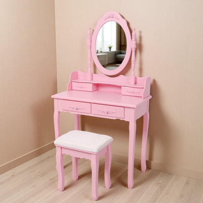 Princess Desk Set With Mirror & Cushioned Stool, 4-Drawer Wooden Makeup Vanity Table For  Bedroom, Dressing Table With Ample Storage